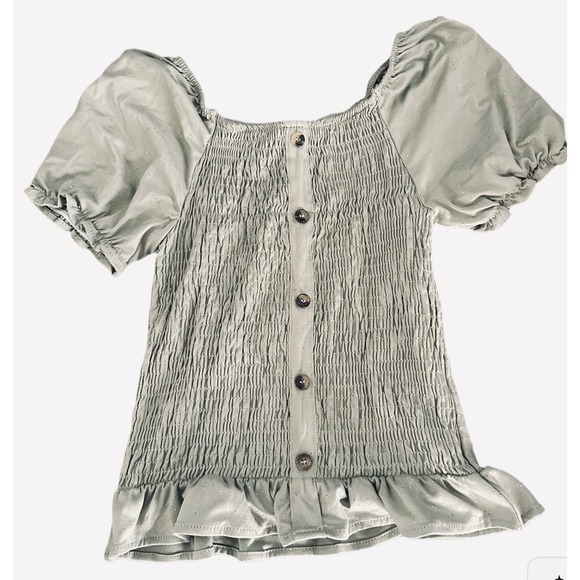Btween Smocked Olive Green Glitter Short Sleeve Top Girls Size 10 Cap Sleeve - Picture 1 of 6